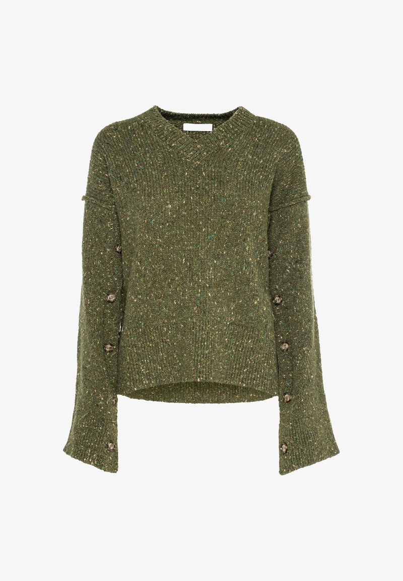 Maglione verde lavorato a maglia con una finitura testurizzata, maniche ampie e bottoni decorativi sui polsini. Collo rotondo, design corto.