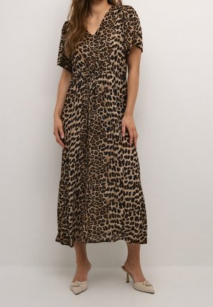 Leopard print maxi dress with short sleeves, a V-neckline, and a drawstring waist detail. Made from lightweight, smooth fabric.