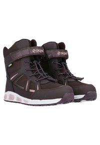 Braune hoch geschnittene Sportstiefel mit strukturiertem Finish, Netzpanelen, pinken Akzenten und einem Klettverschluss. Mit runden Schnürsenkeln und einer weißen Sohle.
