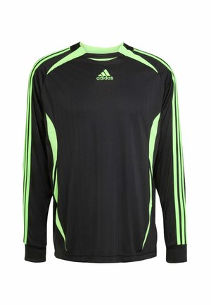 Black long-sleeve athletic jersey with green accents, featuring ribbed texture, crew neck, and three stripes on the sleeves.