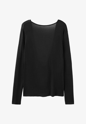 Crna majica s dugim rukavima i okruglim izrezom, jednobojni dizajn, lagana tkanina, prikazana ravno na bijeloj pozadini.