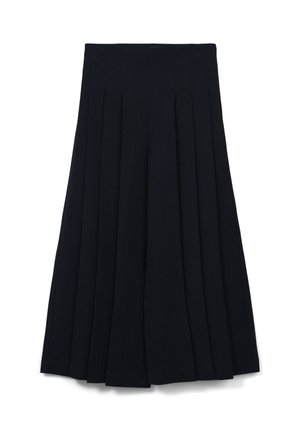 Pantaloni culotte neri plissettati con vita alta e design a gamba larga, realizzati in un tessuto morbido con una leggera lucentezza.