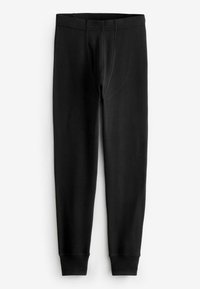 Fekete bordázott leggings, testes kialakítással, rugalmas derékkal és szűkített szárakkal. Funkcionális elülső nyitással rendelkezik. Puha, rugalmas anyag.