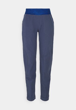 Navy blue pants with a patterned, elastic waistband. Features tapered legs and side pockets. Made from a durable, smooth fabric.