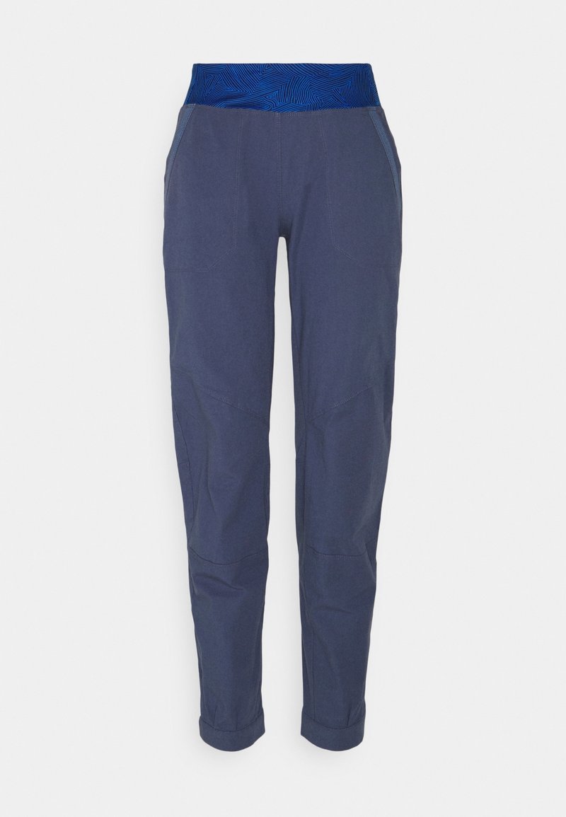 Marinblå byxor med ett mönstrat, elastiskt midjeband. Har smalnande ben och sidofickor. Tillverkade av ett hållbart, slätt tyg.