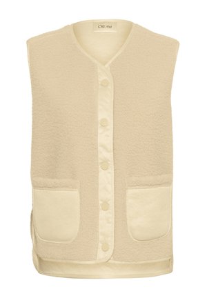 Beige fleeceväst med rundad halsringning, sju knappstängning fram och två framfickor. Mjuk textur och sprund i nederkanten.