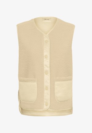 Gilet in fleece beige con scollatura arrotondata, chiusura frontale con sette bottoni e due tasche anteriori. Texture morbida e spacchi laterali all'orlo.