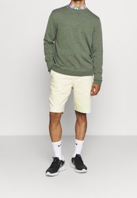 Man som bär en grön tröja över en rutiga skjorta, krämfärgade shorts, vita Nike-strumpor och svarta Nike-sneakers, stående med en hand i fickan.
