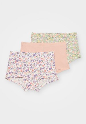 Tri páry dámskych šortiek v rôznych farbách: kvetinový vzor s fialovou a ružovou, jednofarebné telové, a zelený kvetinový dizajn. Elastický materiál.