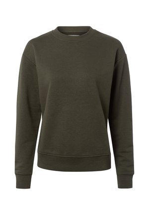 Dunkelolivgrünes Sweatshirt mit Rundhalsausschnitt und langen Ärmeln, gerippte Bündchen und Saum, auf weißem Hintergrund dargestellt.