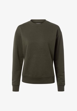 Dunkelolivgrünes Sweatshirt mit Rundhalsausschnitt und langen Ärmeln, gerippte Bündchen und Saum, auf weißem Hintergrund dargestellt.