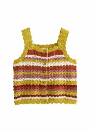 Top in cotone all'uncinetto con strisce multicolori nelle tonalità di giallo, arancione, rosa e bianco. Presenta bordi smerlati e bottoni di legno.