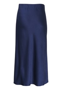 Jupe mi-longue en satin bleu marine avec une texture lisse, présentant un léger éclat et une silhouette droite sans ornements.