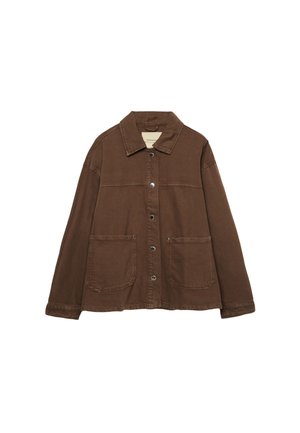 Giacca in cotone marrone con colletto, bottoni a pressione frontali e due grandi tasche a toppa. Design pulito e dritto.