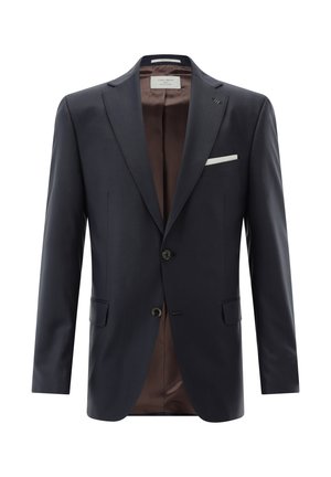 Navy blazer made of smooth fabric with a satin brown lining, two buttons, and a white pocket square accent on the chest pocket.