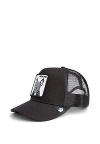 Black trucker cap featuring a mesh back, solid front panel, and a patch with a French bulldog illustration. Durable fabric and adjustable fit.
