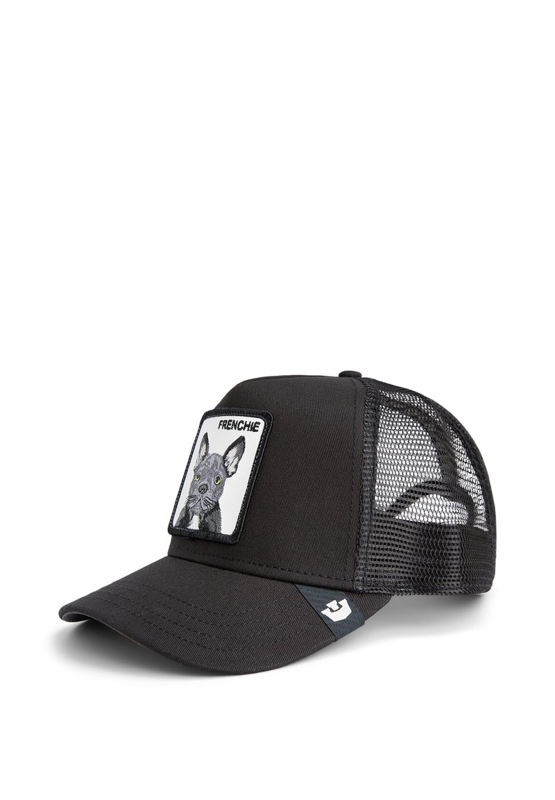 Black trucker cap featuring a mesh back, solid front panel, and a patch with a French bulldog illustration. Durable fabric and adjustable fit.