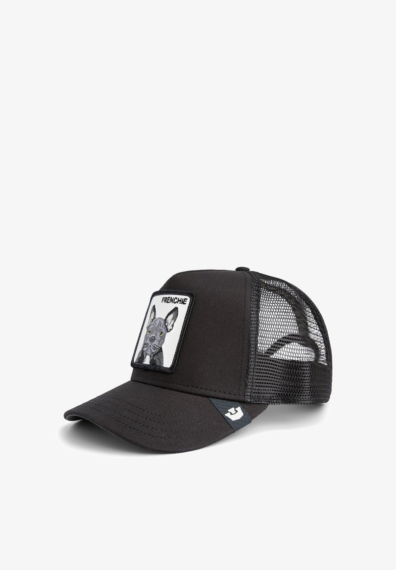 Schwarze Trucker-Cap mit Netzrücken, solidem Frontpanel und einem Patch mit einer Illustration eines Französischen Bulldogs. Strapazierfähiger Stoff und verstellbare Passform.