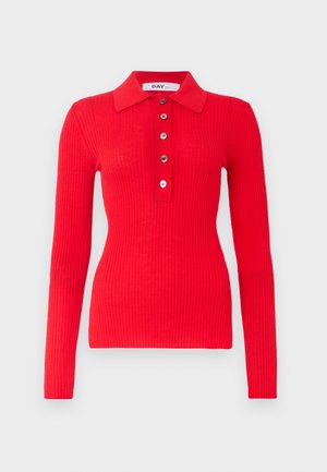 Piros bordázott, hosszú ujjú polo pulóver, testhez simuló fazonnal, klasszikus gallérral és öt gombos záródással. Puha tapintású, sima felületű.