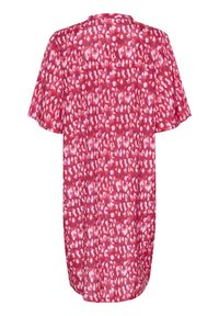 Röd och rosa kortärmad klänning med ett abstrakt prickigt mönster och rund halsringning, visad bakifrån mot en vit bakgrund.