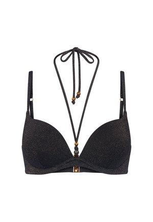 Czarny błyszczący top bikini z wyściełanymi miseczkami, regulowanymi ramiączkami, wiązaniem na szyi i złotymi ozdobami z koralików.