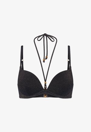 Schwarzes glitzerndes Bikini-Top mit gepolsterten Cups, verstellbaren Schulterriemen, Neckholder zum Binden und goldfarbenen Perlenakzenten.