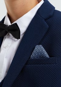 Marinblå texturerad blazer med svart fluga och vit skjorta. Bröstfickans näsduk har ett geometriskt mönster i blått och vitt.