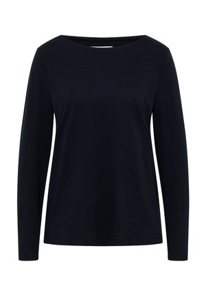 Chemise noire à manches longues avec col rond, fabriquée dans un tissu lisse au texture subtile, et un ajustement décontracté sans détails.