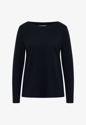 Camisa negra de manga larga con cuello redondo, hecha de una tela suave con una textura sutil y un corte relajado sin detalles.