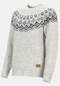 Sweater in gray wool with a round neck, featuring black geometric patterns at the yoke, ribbed cuffs, and a small leather logo patch.