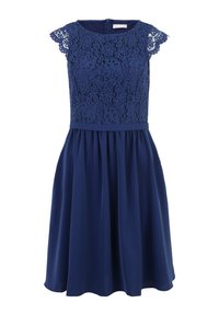 Marineblå kjole med en krop af blonder med blomsterprint, korte blondeærmer og et flydende skørt. Lynlåslukning bagpå.