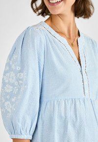 Blusa a righe blu chiaro con maniche a sbuffo, cuciture decorative lungo il collo e ricami floreali sulla manica. Presenta bottoni.
