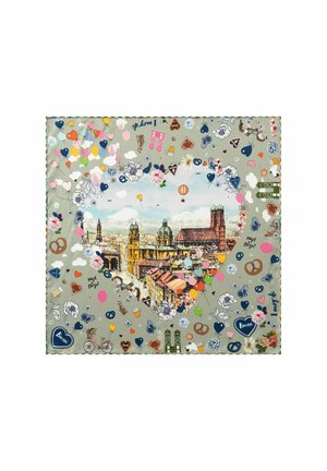 Baumwollschal mit einer zentralen Illustration einer Stadtlandschaft, umgeben von bunten Herzen, Ballons und floralen Mustern auf einem grauen Hintergrund.