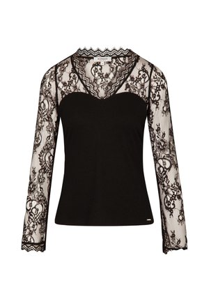Black long-sleeve top featuring a lace overlay with floral patterns, a V-neckline, and ribbed texture on the body. Scalloped lace trim at sleeves.