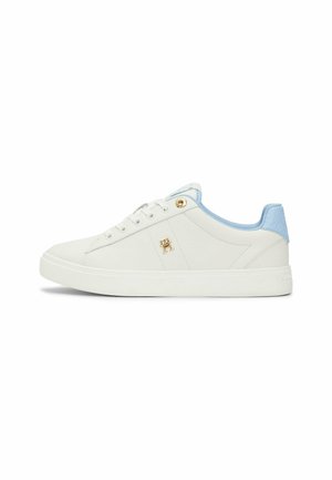 White leather sneakers with light blue accents, rounded toe, and flat sole. Gold logo detail on side and textured heel patch.