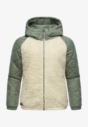 Light olive green hooded jacket with a quilted design. Front features white, fluffy fleece material. Zipper closure and elastic cuffs.