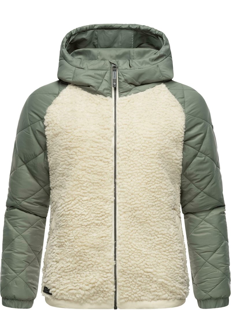 Svetlo olivovozelená bunda s kapucňou a prešívaným dizajnom. Predná časť je pokrytá bielym, huňatým fleecovým materiálom. Zipsové zapínanie a elastické manžety.