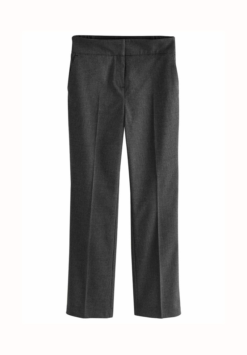 Zwart-witte geblokte broek met een rechte pijpdesign, voorzien van een platte tailleband en een gladde textuur.