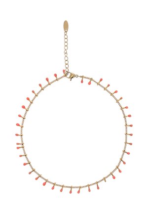 Brățară din lanț auriu, cu mici talismane în formă de picătură de culoare coral, distribuite uniform în jurul ei, cu închizătoare tip carabină și zale reglabile.
