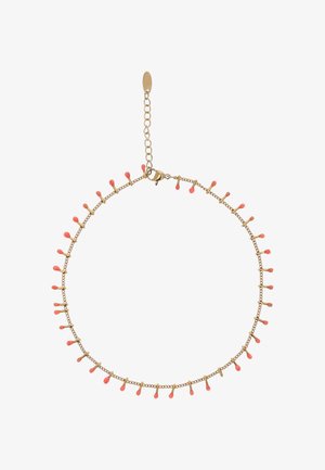 Gouden kettingarmband met kleine koraalvormige druppelvormige bedeltjes die gelijkmatig verdeeld zijn, met een karabijnsluiting en verstelbare schakels.