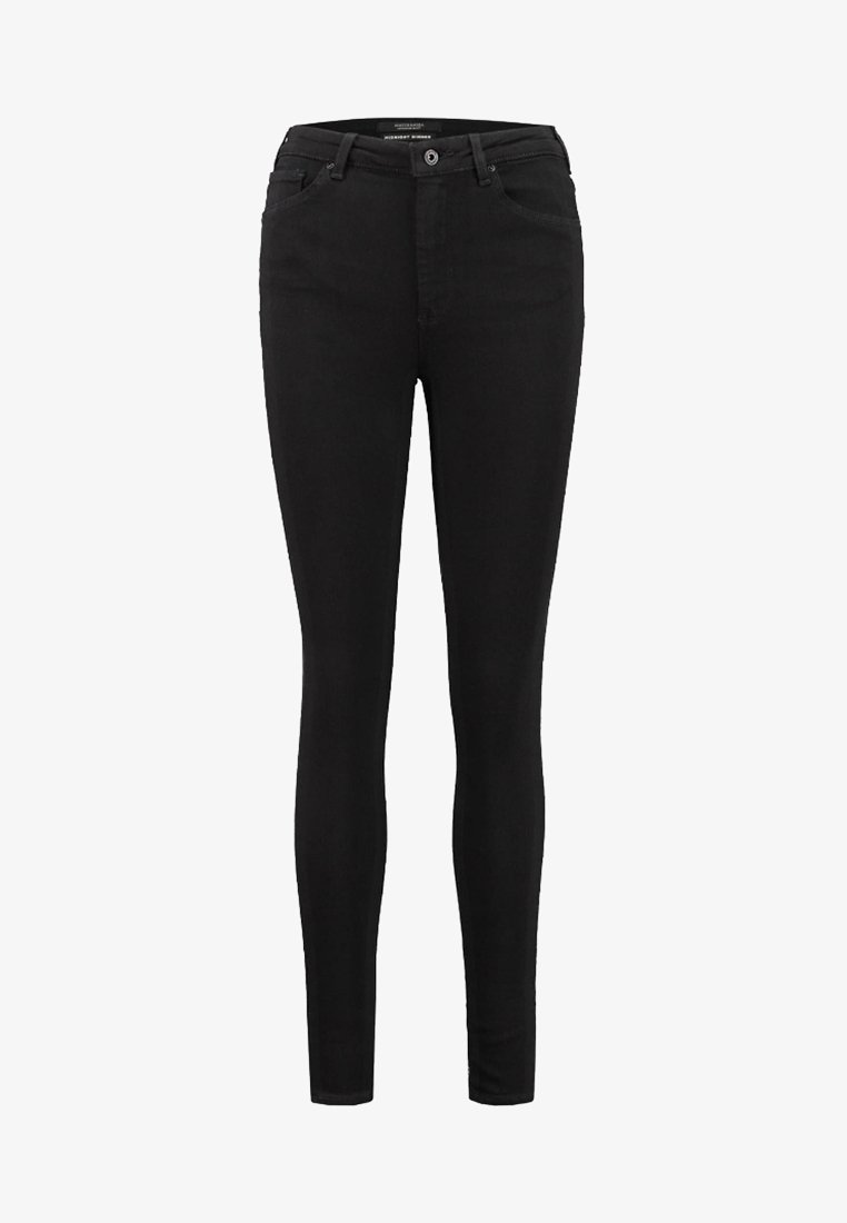 Černé džíny skinny střihu s přiléhavým designem, pěti kapsami, poutky na opasek a zapínáním na knoflík vpředu. Hladký povrch bez viditelných vzorů.