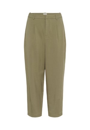 Pantalon fuselé kaki en tissu lisse, avec devant plat, plis, poches latérales et ourlets revers.
