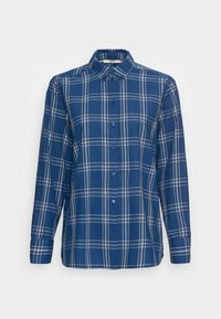 Camisa de botones en patrón de cuadros azules, con mangas largas, un collar y rayas contrastantes en blanco y azul claro. Material de algodón.