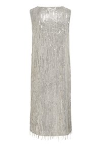 Silbernes ärmelloses Kleid mit vertikalen Paillettenfransen, knielang, glatte Textur und gerader Silhouette.