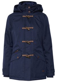 Marinblå vattentät jacka med huva, bruna toggelknappar, två framfickor och ribbade manschetter. Har ett subtilt strukturerat mönster.