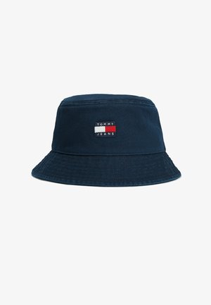 Marineblauer Bucket-Hut mit aufgenähtem Tommy Jeans Logo-Patch in Weiß, Rot und Marineblau auf der Vorderseite.