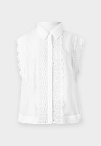 Blusa bianca a maniche corte con colletto, caratterizzata da un intricato bordo in pizzo lungo la parte anteriore, una sottile texture e una vestibilità rilassata.