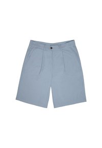 Light blue shorts with a flat front, pleated design, and an ironed finish. Features a button closure and two front pockets.
