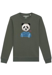 Groene sweatshirt met een panda-afbeelding, een pijp en een gestreept blauw shirt. Zacht materiaal, ronde hals en ribgebreide boorden en onderkant.