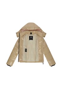 Beige pufferjack met een glanzende buitenkant, ritssluiting en een capuchon. Binnenin heeft het een lichte stofvoering en zichtbare binnenlabels.